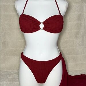 Elegant Red Bikini Set with skirt cover up sheer
